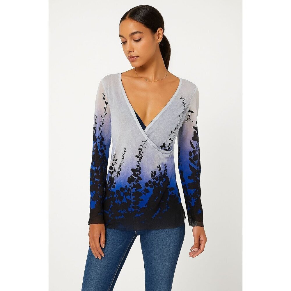 Fuzzi Blue Ombre Mesh Print Long Sleeve top Blouse Womens Size 20